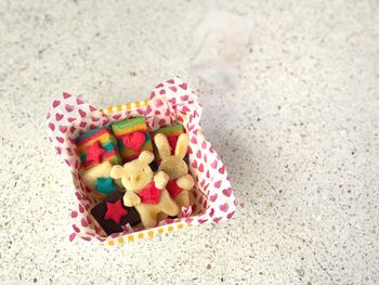 High angle view of multi colored cookies