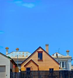 Low angle view of building against clear blue sky