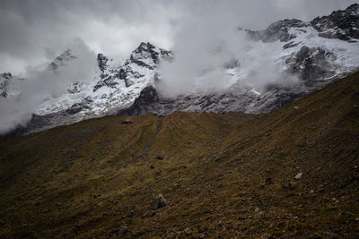 Scenic view of mountains against sky during winter