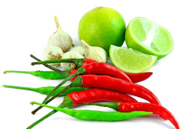 Close-up of chili peppers against white background