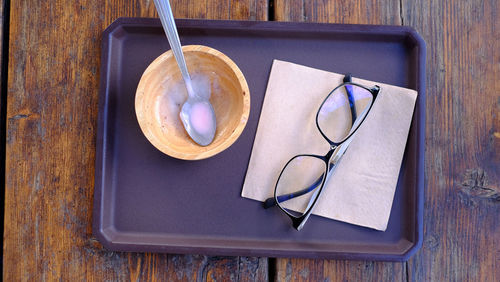 High angle view of breakfast on table