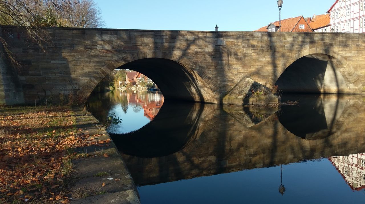 REFLECTION OF ARCH BRIDGE ON RIVER