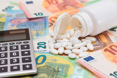 Close-up of pills on paper currency