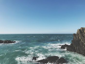 Scenic view of sea against clear blue sky