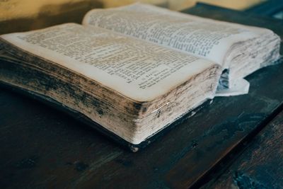 High angle view of open book on table