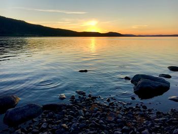 Scenic view of lake against sky during sunset