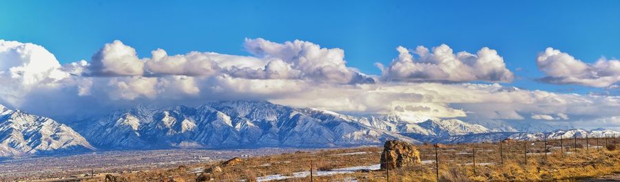 Panoramic view of snowcapped mountains against sky