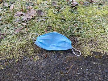 High angle view of blue toy car on field