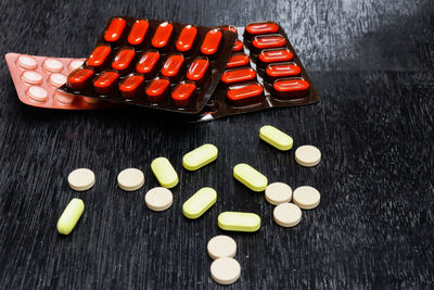 High angle view of candies on table