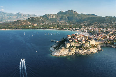 France, haute-corse, calvi, aerial view of town on shore of corsica island