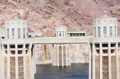 View of the pen stock towers over lake mead at hoover dam, between arizona and nevada states, usa.