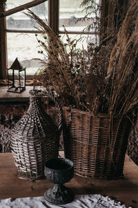 Potted plants on table against building