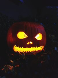 Close-up view of illuminated pumpkins