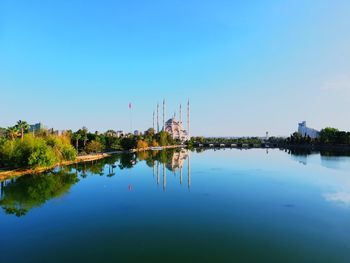 Scenic view of lake against clear blue sky