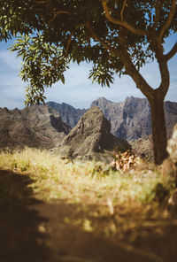 Scenic view of mountains against sky during sunset
