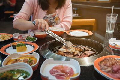 High angle view of food served on table