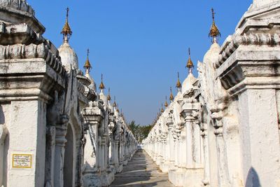 Exterior of temple building against clear blue sky