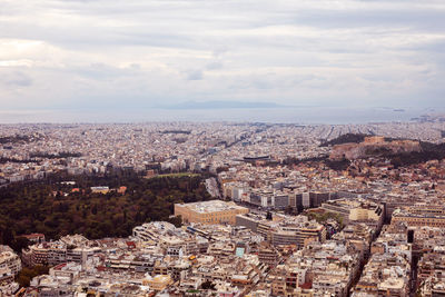 High angle shot of townscape against sky