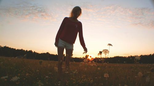 Low angle view of woman touching flowers against sky