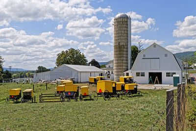 Buildings on field against sky