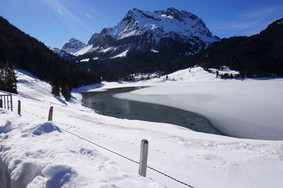 Scenic view of snow covered mountains against sky