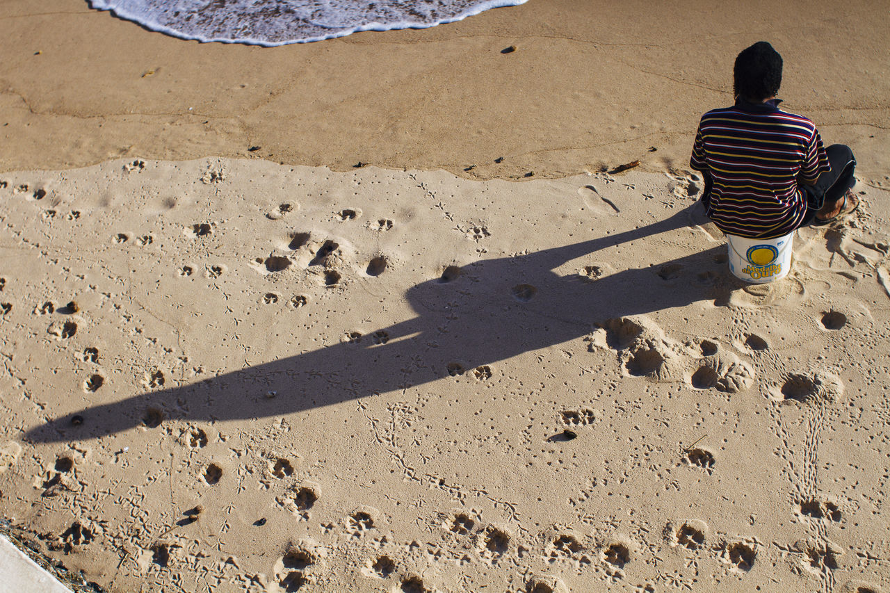 REAR VIEW OF MAN SITTING ON SANDY BEACH