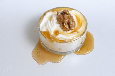 High angle view of dessert in plate on table