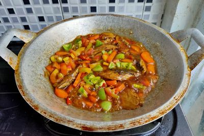 High angle view of soup in bowl on table