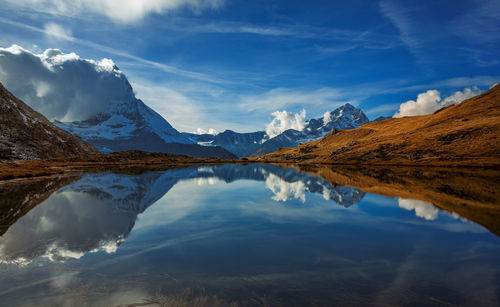 Scenic view of lake and mountains against sky