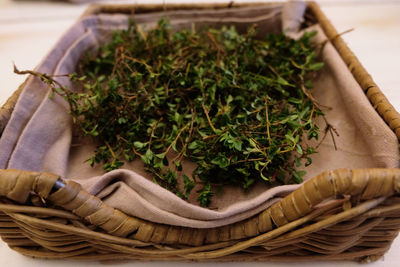 High angle view of vegetables in basket on table
