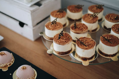 High angle view of cupcakes on table