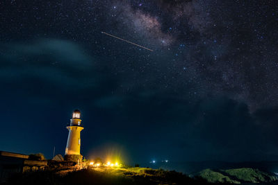Low angle view of lighthouse against star field