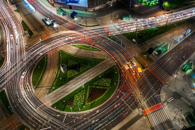 High angle view of light trails on city street