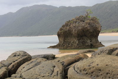 Rocks on sea shore against mountains