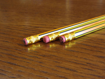 High angle view of pencils on table