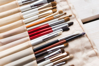 High angle view of multi colored pencils on table