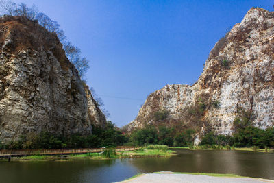 Scenic view of lake against clear blue sky