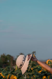 Close-up of woman holding hat on field against clear sky