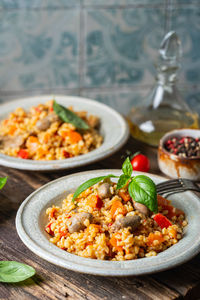 High angle view of food in plate on table