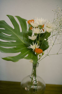 Close-up of flower vase on glass wall