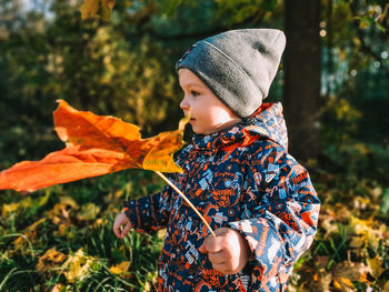 Boy holding leaves in autumn