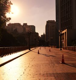 Traffic cones on street in city