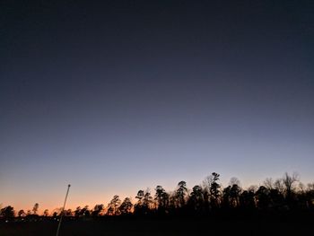 Silhouette trees on field against clear sky during sunset