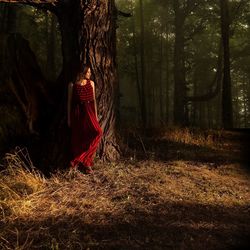 Full length of woman on tree trunk in forest