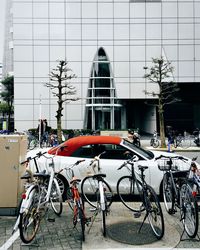 Bicycle parked in front of building