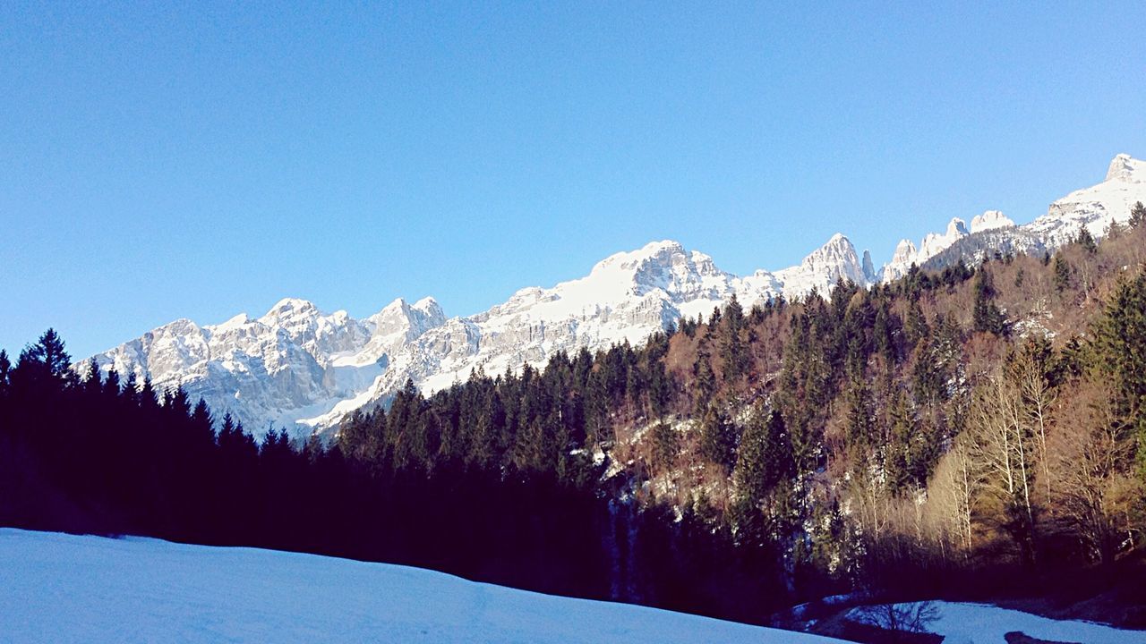 snow, winter, cold temperature, season, mountain, snowcapped mountain, clear sky, tranquil scene, mountain range, scenics, tranquility, beauty in nature, weather, blue, landscape, nature, covering, copy space, tree, frozen