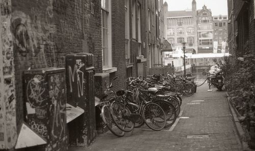 Bicycles parked on street in city