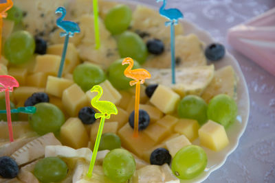 High angle view of multi colored candies in plate