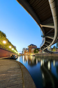 Bridge over river with buildings in background