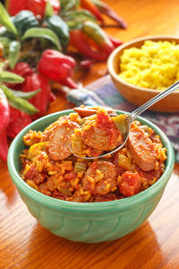 Close-up of served food on table